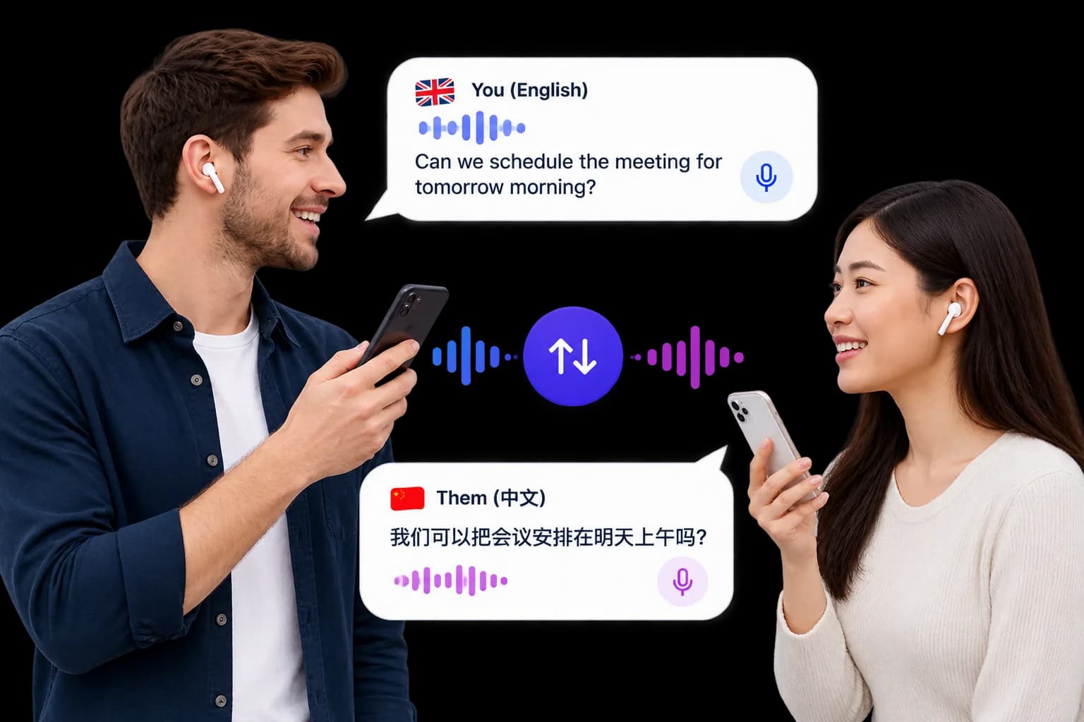 Dos personas conversando con traducción en tiempo real y audífonos