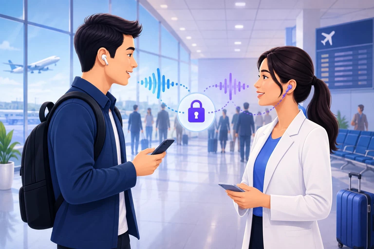 Dos personas en una conversación privada, traducida a través de audífonos