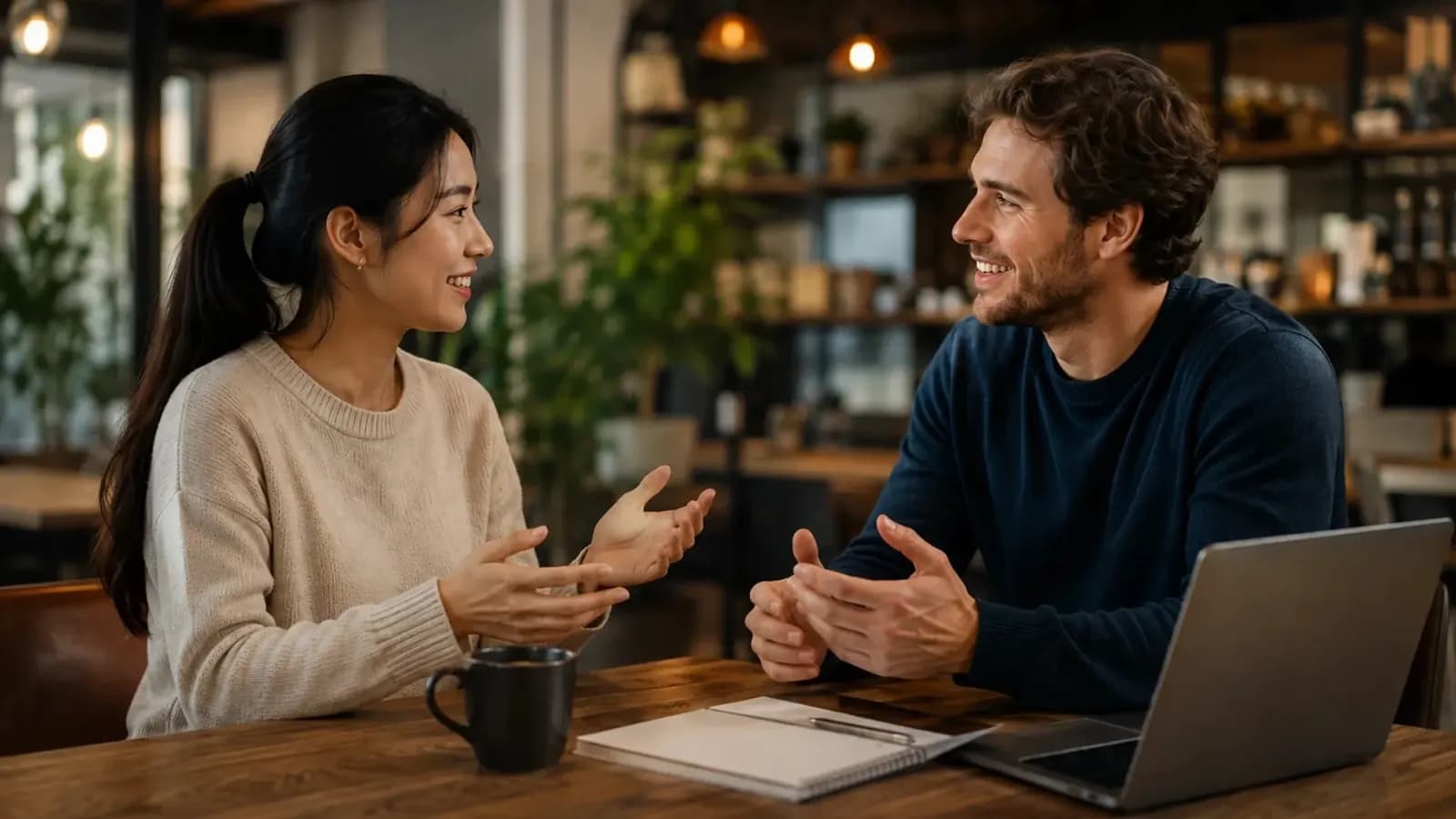 Dos personas conversando en la mesa de un café